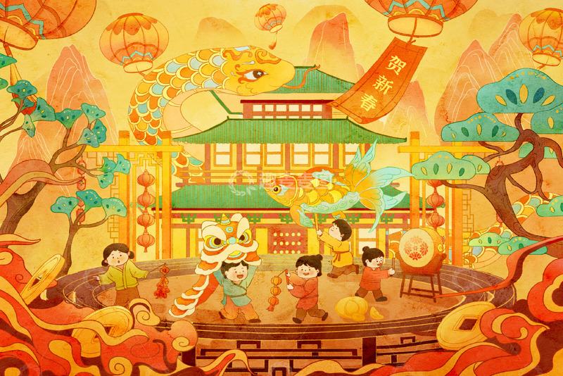 蛇年春节祈愿新春插画