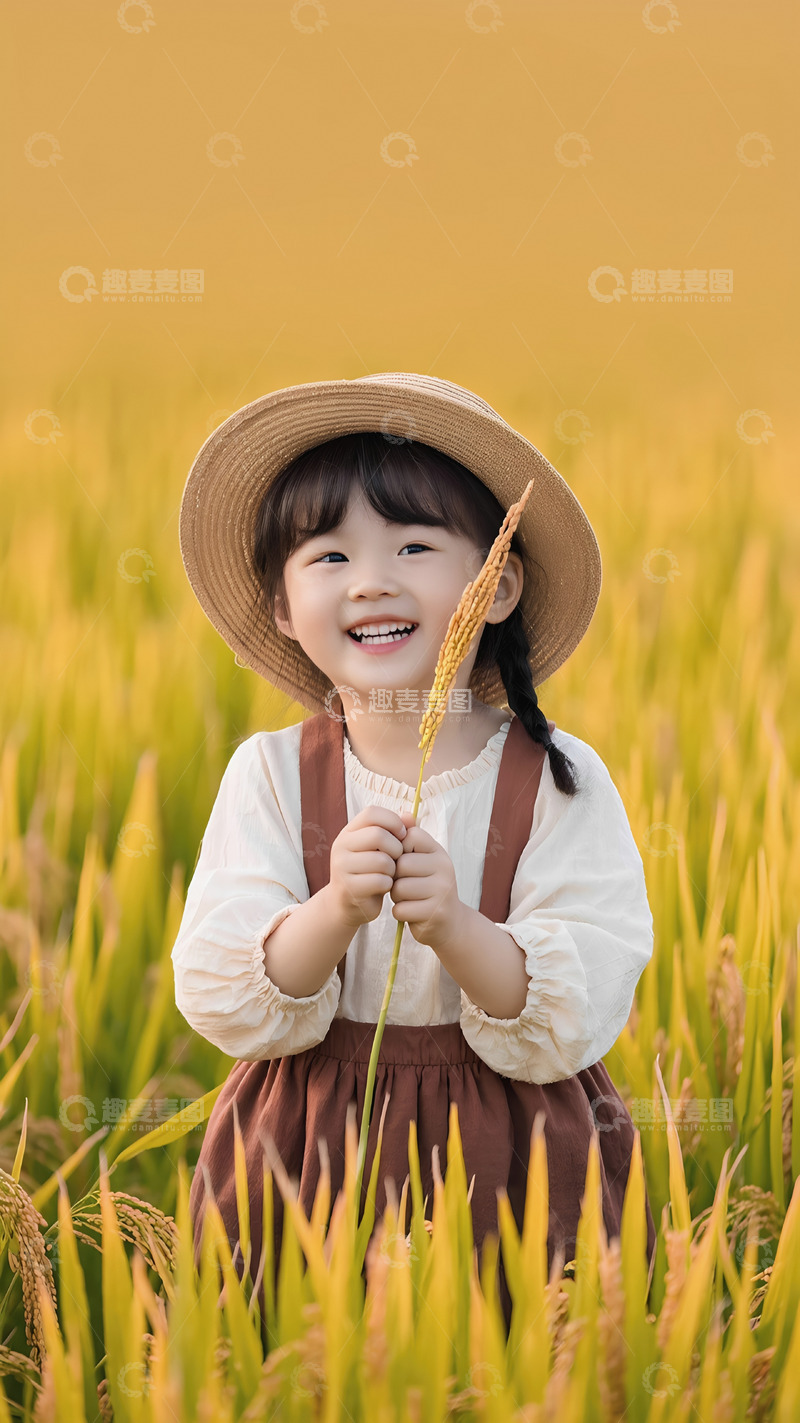 高清大图下载【趣麦麦图】-一个小女孩头戴草帽，身穿白色上衣和棕色背带裙，站在一片金黄色的稻田中，双手微微抬起，脸上洋溢着灿烂的笑容，画面充满了自然与童真的美好氛围。
