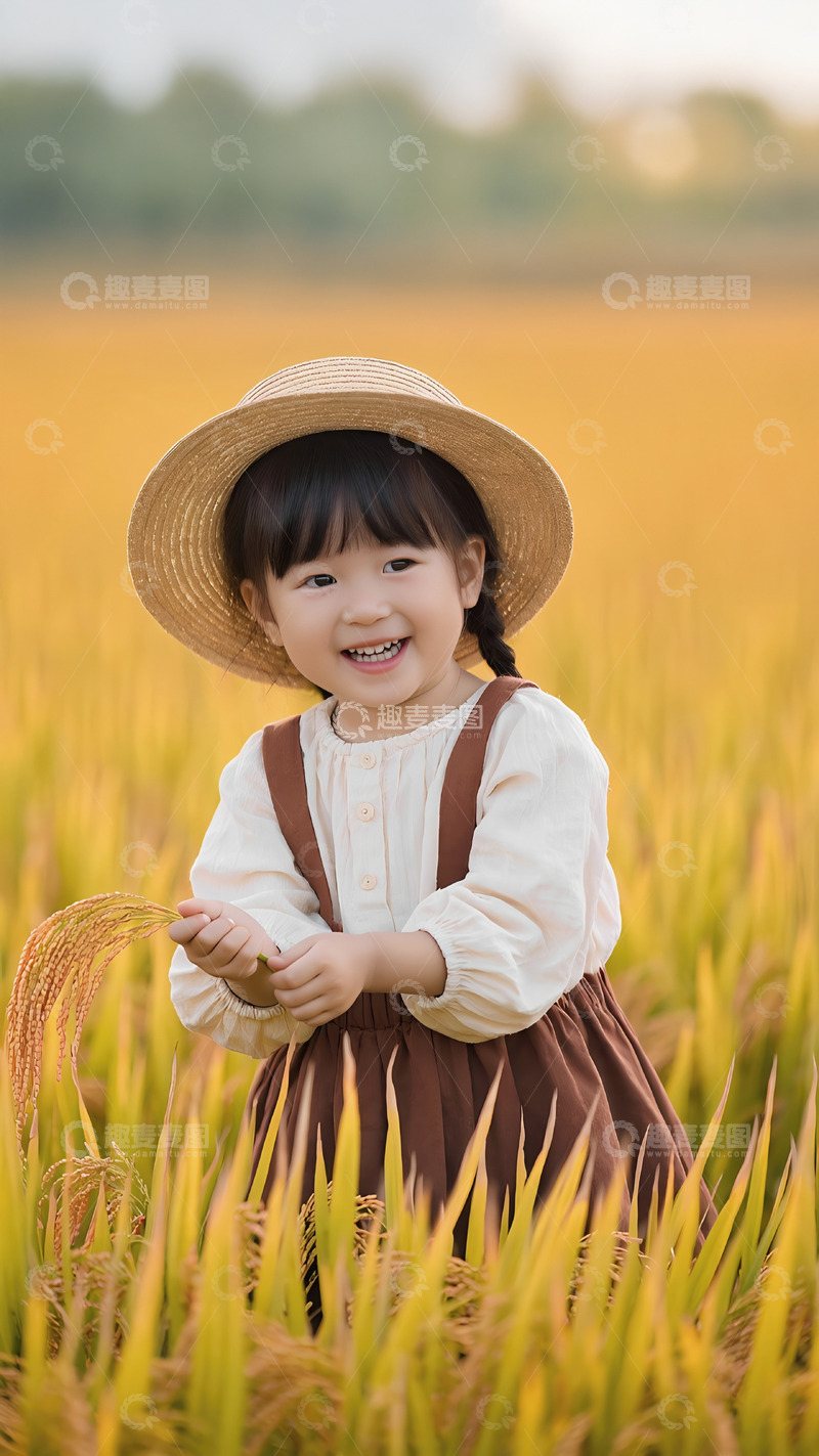 高清大图下载【趣麦麦图】-一个小女孩头戴草帽，身穿白色上衣和棕色背带裙，站在一片金黄色的稻田中，双手微微抬起，脸上洋溢着灿烂的笑容，画面充满了自然与童真的美好氛围。1