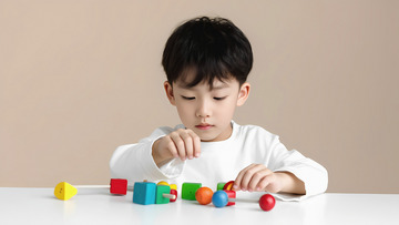 一个小男孩穿着白色上衣，正专注地坐在桌前玩彩色积木，他的双手在摆弄积木，神情认真投入1