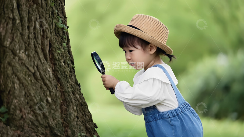 高清大图下载【趣麦麦图】-一个小孩戴着草帽，身穿白色上衣和蓝色背带裤，正拿着一个放大镜，专注地观察着一棵大树的树干，背景是绿意盎然的环境，充满童趣和探索氛围。1