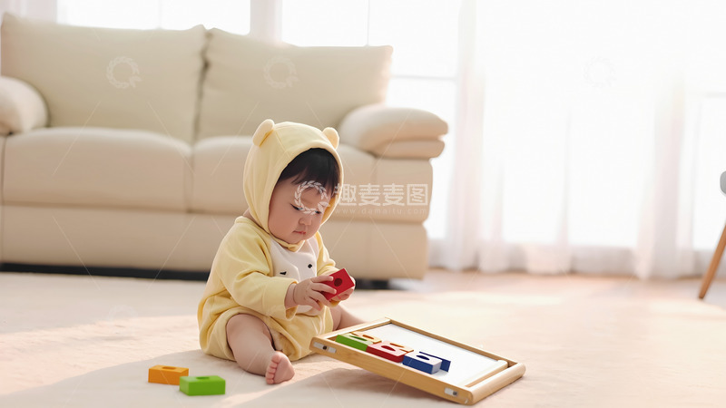 一个穿着黄色小熊造型衣服的婴儿专注地摆弄着一个木质玩具