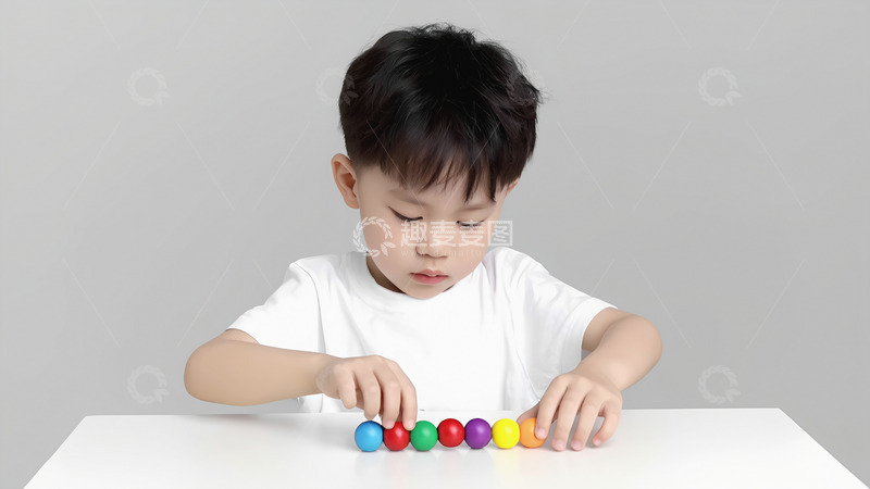 高清大图下载【趣麦麦图】一个小男孩穿着白色上衣，正专注地坐在桌前玩彩色积木，他的双手在摆弄积木，神情认真投入