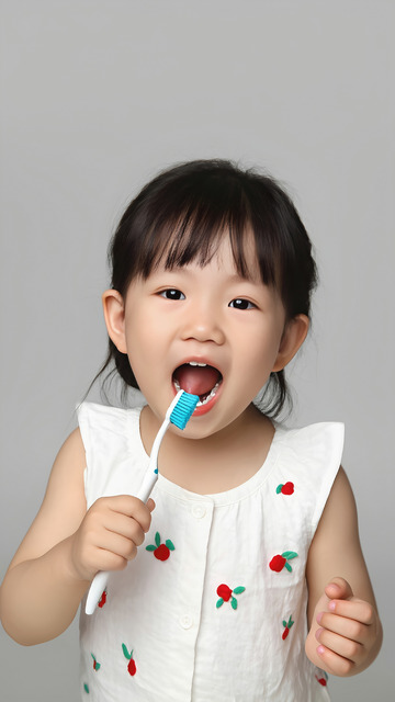 一个小女孩穿着带有红色草莓图案的白色无袖上衣，手里握着一把白色手柄