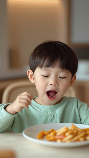 一个小男孩穿着浅绿色的衣服，坐在桌前，面前放着一盘食物，他正张开嘴巴，手里拿着食物准备送入口中，似乎在专注地进食