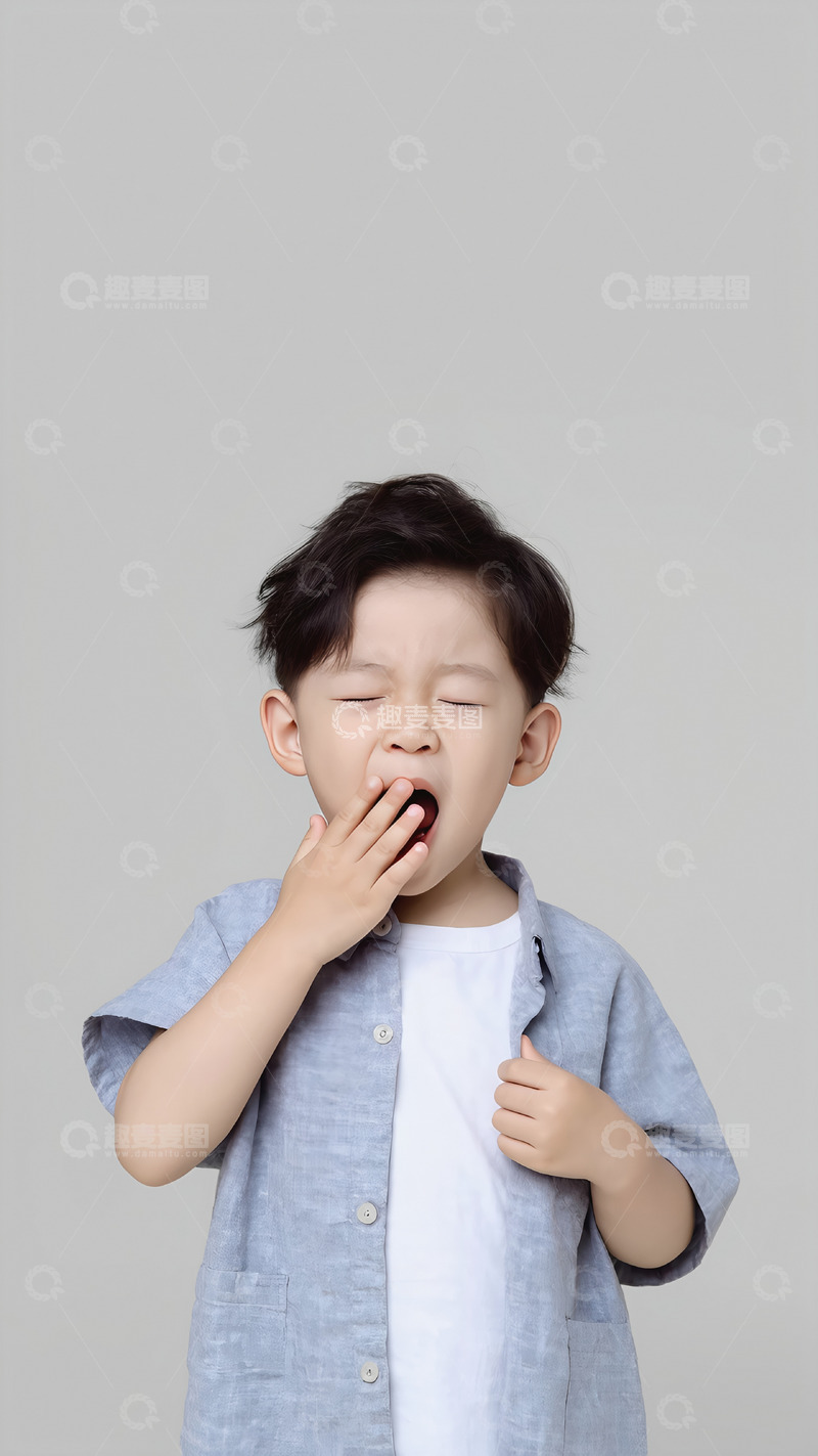 高清大图下载【趣麦麦图】一个小男孩穿着浅蓝色的短袖衬衫，里面搭配白色 T 恤，他闭着双眼，嘴巴大张，用右手捂住嘴巴，似乎正在打哈欠，神情放松。