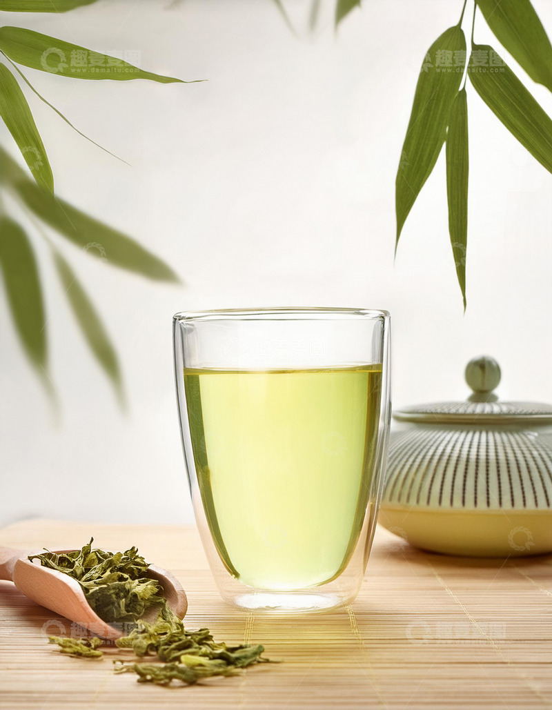 高清大图下载【趣麦麦图】透明玻璃杯中装着泡好的绿茶，茶汤色泽黄绿明亮，杯中茶叶舒展。旁边放着装有干绿茶的茶勺，背景中有茶壶和竹叶装饰