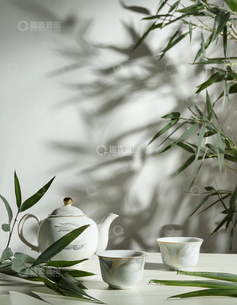 高清大图下载【趣麦麦图】精美的白色茶具，包括茶壶和茶杯。茶具上有精致的花纹装饰，旁边摆放着翠绿的竹叶，背景是光影交错的灰色幕布，营造出一种典雅