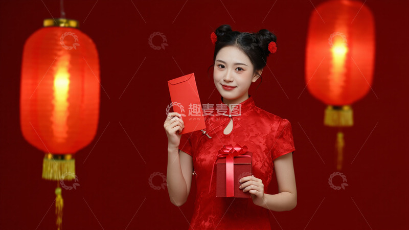 春节拜年人物美女红色喜庆摄影1