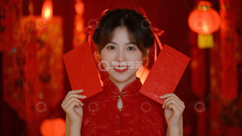 春节拜年人物美女红色喜庆摄影