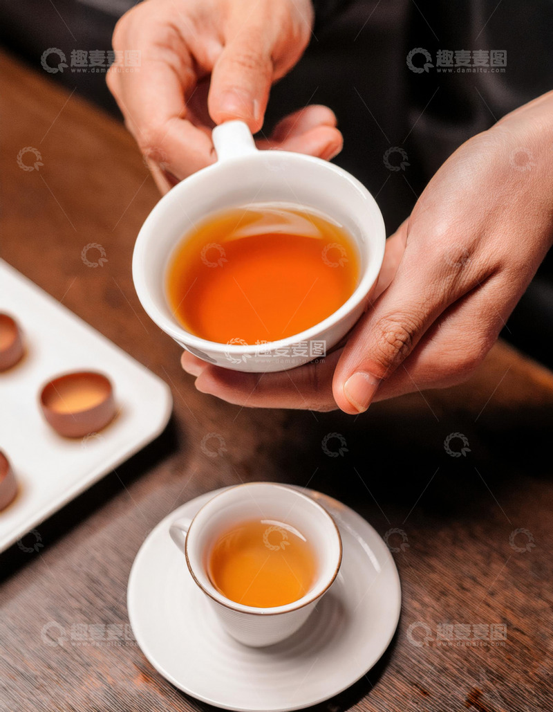 高清大图下载【趣麦麦图】双手端起装有红茶的白色茶杯及茶托的场景4