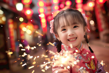 春节儿童放烟花摄影图