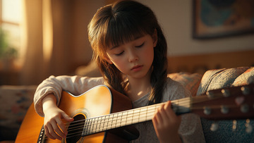 可爱女孩弹吉他演奏摄影图