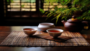 茶壶茶杯于竹席配绿植的画面