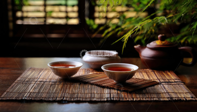 高清大图下载【趣麦麦图】茶壶茶杯于竹席配绿植的画面