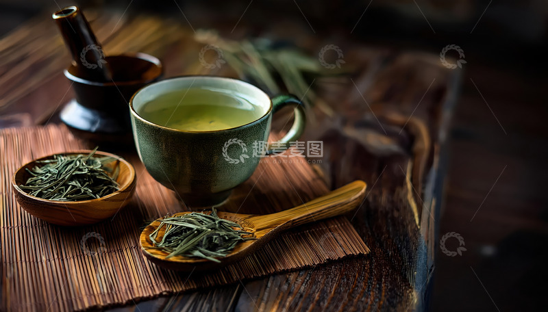 高清大图下载【趣麦麦图】古朴的木制桌面上，放着一只盛有淡绿色茶汤的茶杯，旁边有装满茶叶的木勺和木碗，后方还有一个捣具，整体营造出浓郁的茶文化氛围