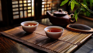 中式窗棂下茶壶茶杯品茶场景图