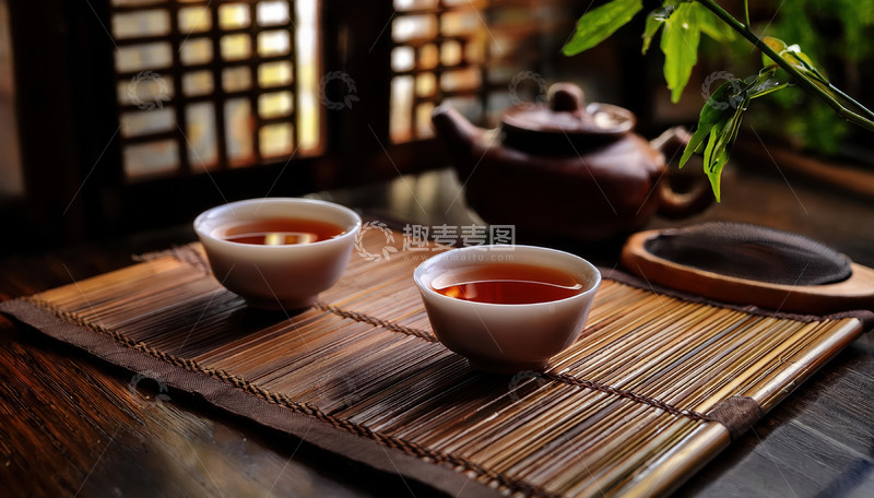 高清大图下载【趣麦麦图】中式窗棂下茶壶茶杯品茶场景图
