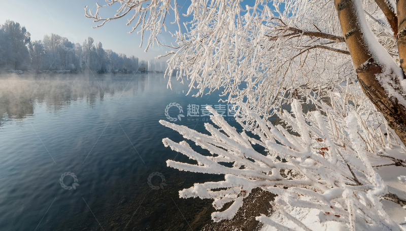 高清大图下载【趣麦麦图】冬日雾凇景观。画面中有挂满雾凇的树木，枝条晶莹洁白，背景是平静的水面，水面倒映着树木和天空，部分画面还有朦胧雾气，整体营造出静谧1