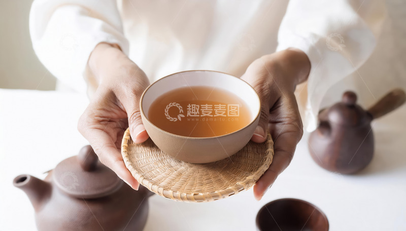 高清大图下载【趣麦麦图】一双手捧着置于编织杯垫上的茶杯，杯中盛有橙黄色茶汤，背景有古朴的茶壶和茶具1