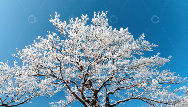高清大图下载【趣麦麦图】冬日里挂满雾凇的树木，在蓝天的映衬下，树枝银装素裹，宛如盛开的白色花朵，展现出冬日的纯净与美丽