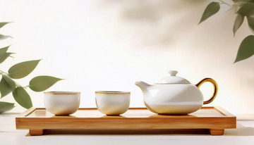白色的茶壶与两个带金边的白色茶杯置于木质茶盘上，背景有绿叶点缀