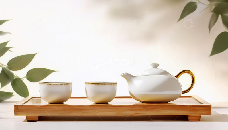 高清大图下载【趣麦麦图】-白色的茶壶与两个带金边的白色茶杯置于木质茶盘上，背景有绿叶点缀