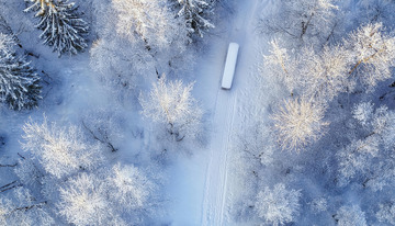 一幅冬日雾凇景象的俯瞰图。广袤的雪地上，树木被厚厚的雾凇覆盖，银白一片，一条蜿蜒的道路穿梭其中，在蓝天的映衬下，整个画面纯净1