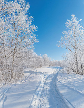 蓝天之下白雪覆盖大地，树木挂满雾凇，雪地上留有车辙痕迹2