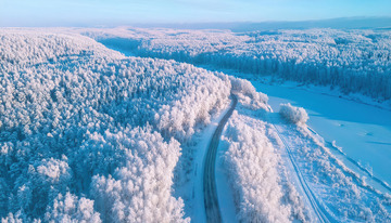冬日被冰雪覆盖的森林景观。大片的树木挂满雾凇，白茫茫一片，一条蜿蜒的道路穿梭其中，在蓝天的映衬下，整个场景壮观而美丽，尽显冬日的纯净与静谧3