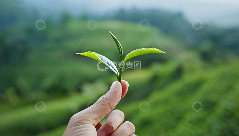 高清大图下载【趣麦麦图】一只手的食指和拇指捏着一枚嫩绿的茶叶芽尖，背景是一片绿意盎然