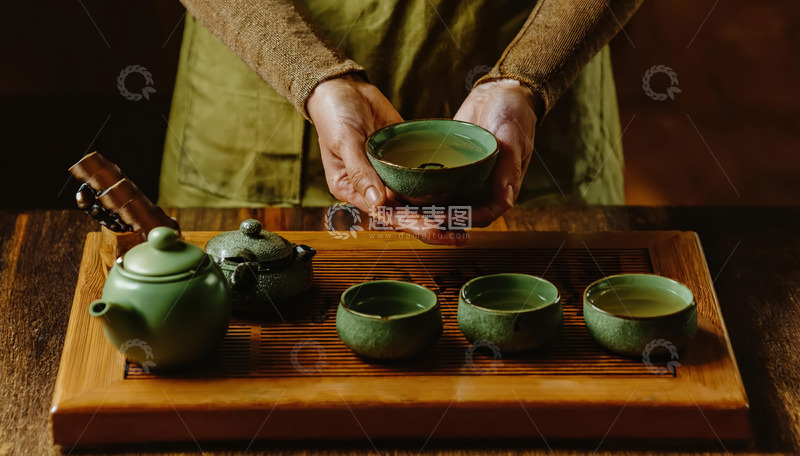 高清大图下载【趣麦麦图】-有双手正在操作茶具，包括拿起茶杯等动作，背景为深色，突出了绿色茶具的质感