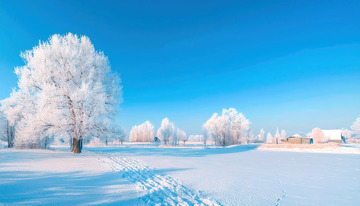 一棵挂满雾凇的树木矗立在雪地中，在柔和的晨光映照下，泛着淡淡的金色光芒，远处还有几棵同样被雾凇覆盖的树木，天空呈现出温暖的蓝橙色渐变