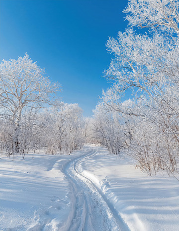 蓝天之下白雪覆盖大地，树木挂满雾凇，雪地上留有车辙痕迹1