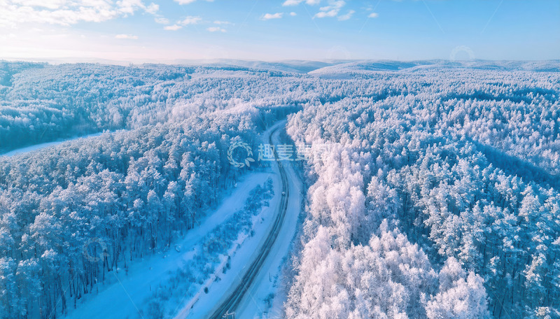 高清大图下载【趣麦麦图】冬日被冰雪覆盖的森林景观。大片的树木挂满雾凇，白茫茫一片，一条蜿蜒的道路穿梭其中，在蓝天的映衬下，整个场景壮观而美丽，尽显冬日的纯净与静谧2