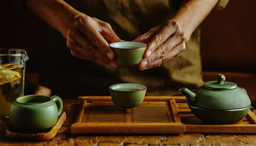 有双手正在操作茶具，包括拿起茶杯等动作，背景为深色，突出了绿色茶具的质感1