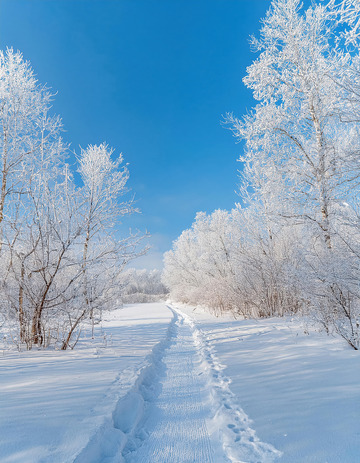 蓝天之下白雪覆盖大地，树木挂满雾凇，雪地上留有车辙痕迹