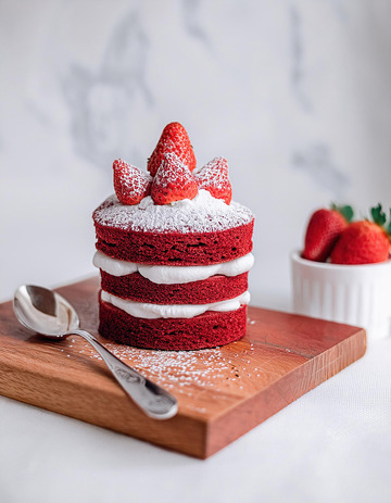 一块放在木制砧板上夹着白色奶油顶部有草莓装饰撒着糖粉的红色蛋糕旁边有银勺2