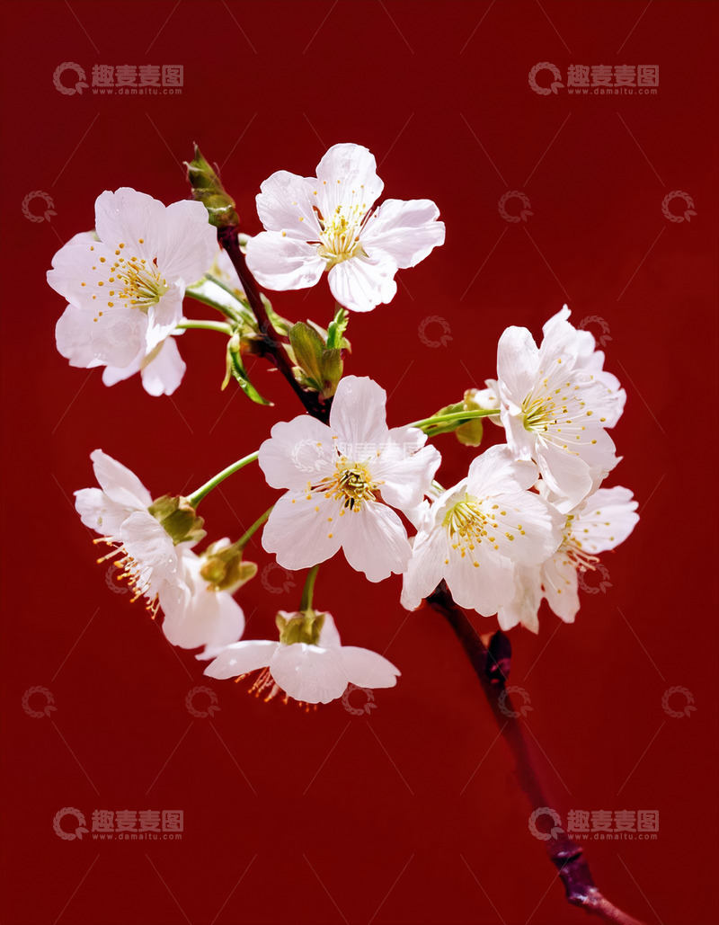 红底之上白樱花