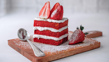 一块放在木制砧板上夹着白色奶油顶部有草莓装饰撒着糖粉的红色蛋糕旁边有银勺1