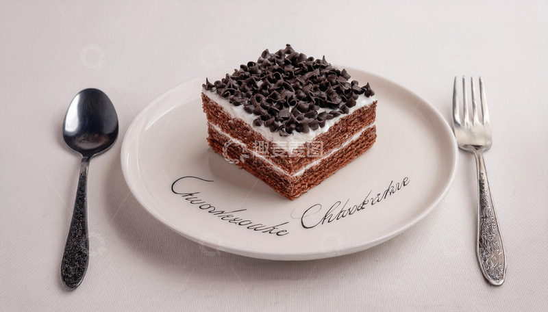 一块放在白色盘子上夹着奶油顶部撒有巧克力屑的方形蛋糕旁边有把银勺和银叉2