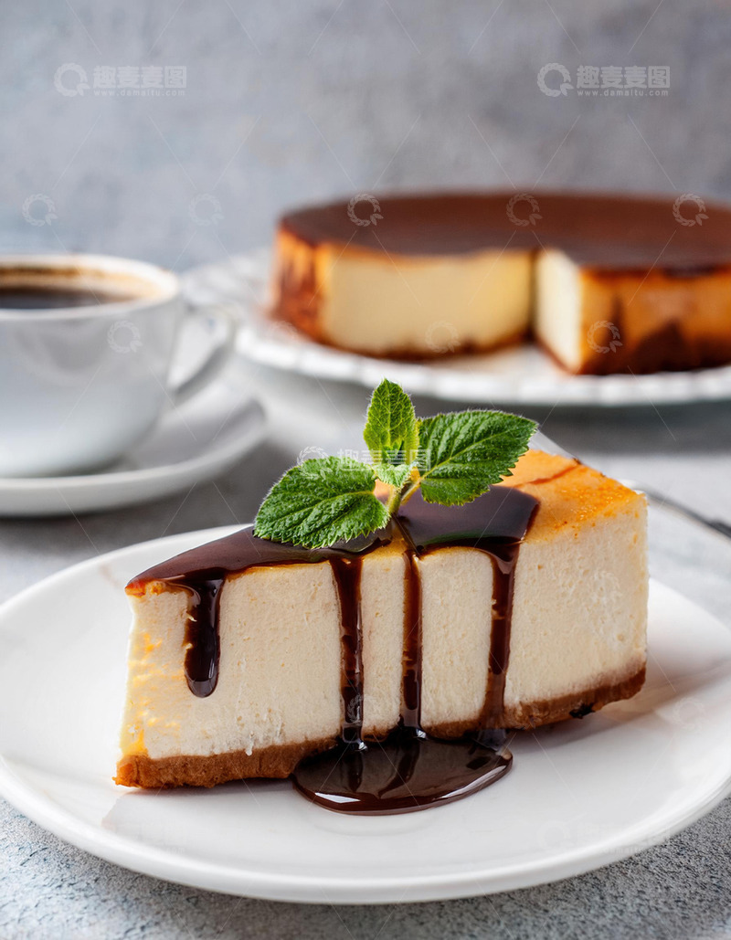 一块放在白色盘子上淋着巧克力酱顶部有薄荷叶装饰的芝士蛋糕旁边有一杯咖啡4