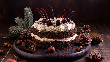 放在深色盘子上装饰有樱桃奶油和巧克力屑周围有松枝松果的巧克力蛋糕2