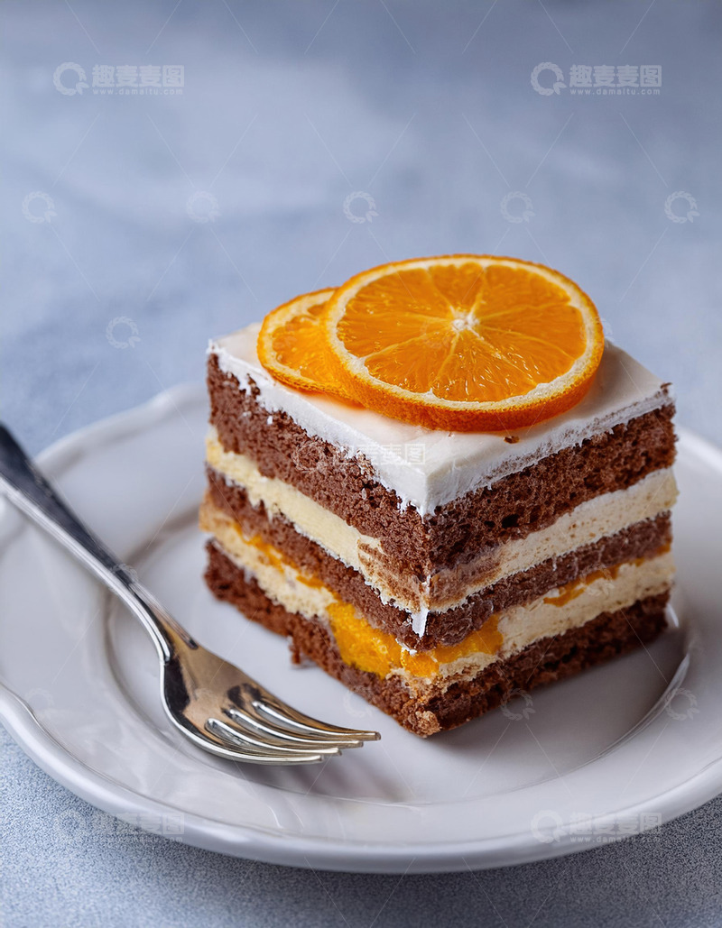 高清大图下载【趣麦麦图】一块放在白色盘子上夹着奶油和橙子片顶部有巧克力片装饰的蛋糕旁边有把叉子2