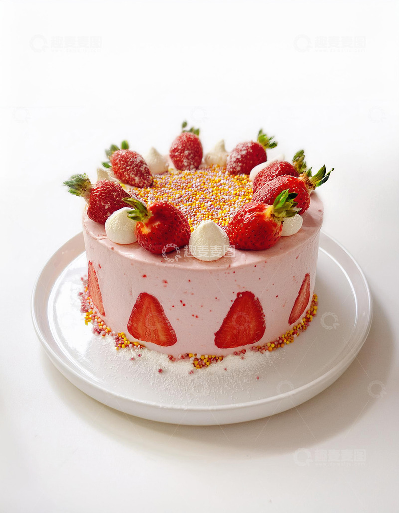 高清大图下载【趣麦麦图】-一个放在白色盘子上表面装饰着草莓撒有彩色糖屑侧面有草莓切片的粉色蛋糕