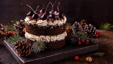 放在深色盘子上装饰有樱桃奶油和巧克力屑周围有松枝松果的巧克力蛋糕