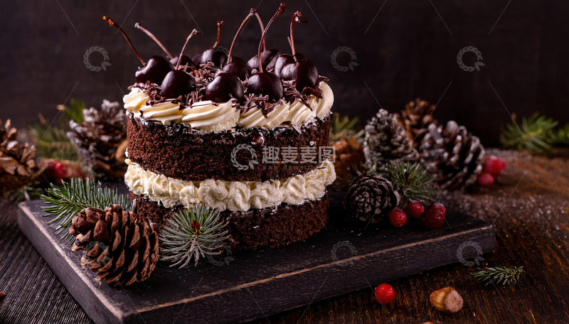 放在深色盘子上装饰有樱桃奶油和巧克力屑周围有松枝松果的巧克力蛋糕