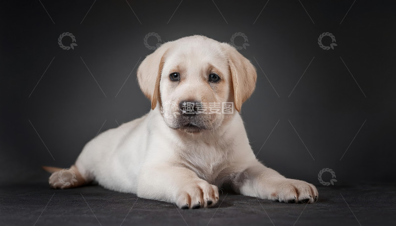 高清大图下载【趣麦麦图】浅黄毛色的拉布拉多幼犬趴在深色背景上的图片1