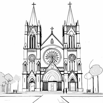 中国地标建筑广州圣心大教堂线稿图