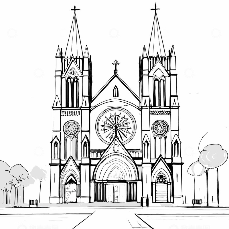 源文件下载【趣麦麦图】中国地标建筑广州圣心大教堂线稿图